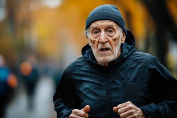 Determined senior man jogging outdoors, embracing active lifestyle and enjoying urban environment