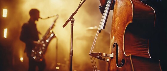 Fototapeta premium A vibrant jazz performance, with a saxophonist and cello player immersed in the intense, melodic interplay of stage lights and haze.