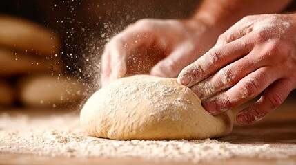 Close-up of hands kneading dough with flour on the kitchen counter in a cozy home setting. Generative AI