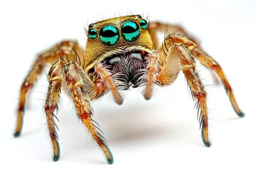 Fototapeta premium Jumping spider demonstrating intricate details and vibrant colors against a pure white backdrop