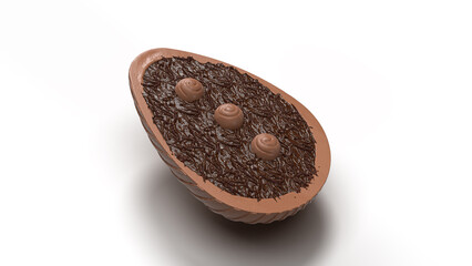 chocolate egg filled with chocolate and truffle on a white backdrop