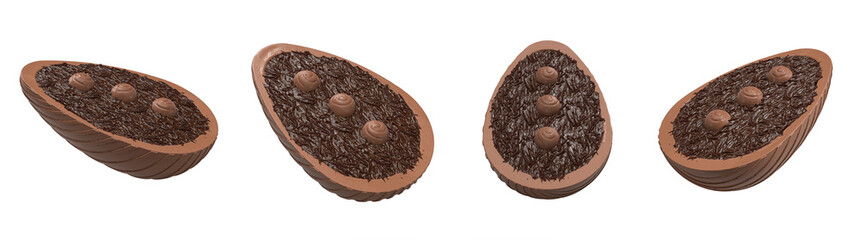 four chocolate eggs filled with chocolate and truffles