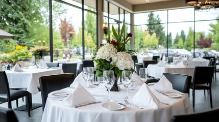 Elegant Restaurant Tablescape, Summer Garden View, Wedding Reception