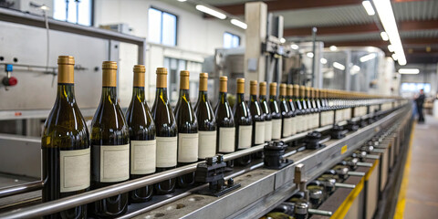 Rows of wine bottles move along a conveyor belt in a bustling production facility dedicated to bottling white wine. Workers oversee the process to ensure quality