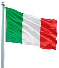 Flag of Italy waving on a flagpole isolated on transparent background