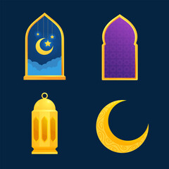 Muslim man praying and read Koran. Ramadan Kareem window and lantern backgrounds. Modern Islamic greeting card template and wallpaper design. Traditional Muslim holiday.