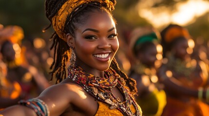 Portrait of African woman smiling brightly in traditional attire during an outdoor cultural dance. Generative AI