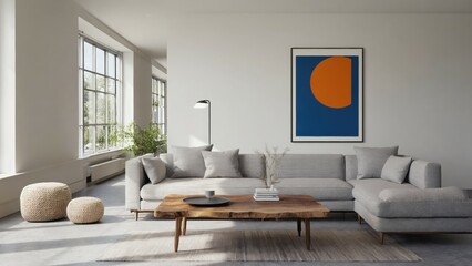 Fototapeta premium Modern living room with minimalist decor and bright natural light.