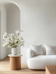 Minimalist living space featuring a modern white sofa and wooden side table in a neutral interior.