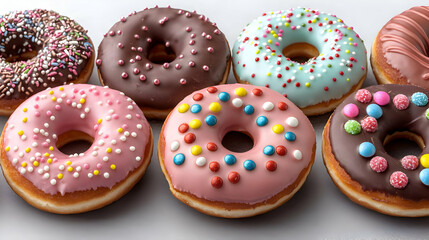Colorful donuts arranged on a light gray background. Food photography for bakery websites