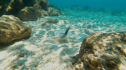 Fototapeta premium Stingray glides on sandy ocean floor, sunlit shallows, coral reef background, underwater wildlife photography
