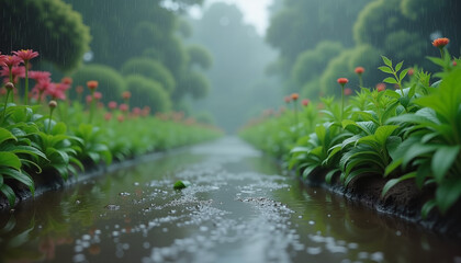 Naklejka premium A peaceful garden path with blooming flowers, covered in fresh raindrops after a spring shower, creating a serene and refreshing atmosphere