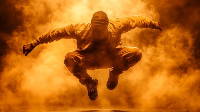 Urban breakdancer executing a dynamic move surrounded by smoke and dramatic lighting. Generative AI