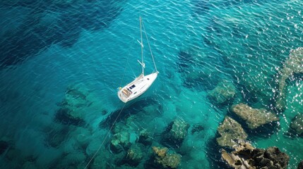 Fototapeta premium A recreational sailboat seen from above, floating on clear, transparent water. A serene and peaceful scene showcasing nature's beauty and calmness.