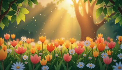 Blooming spring meadow with colorful tulips and daisies under warm sunlight, creating a serene and cheerful nature scene