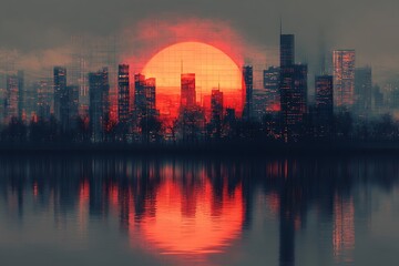 Fototapeta premium Fiery Sunset Over a City Reflected in Water