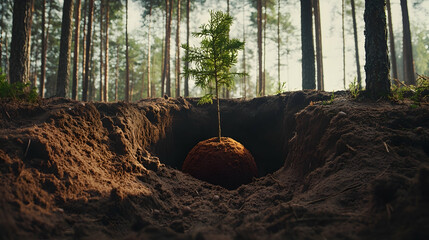Young tree planted in forest hole, sunlight through trees, environmental conservation, promoting growth