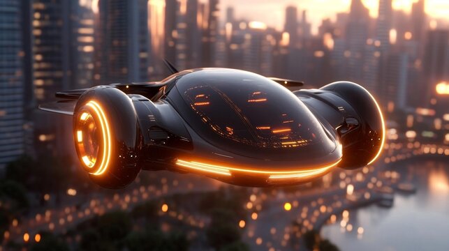A sleek futuristic flying car hovering over a vibrant city illuminated by neon lights at dusk. Generative AI