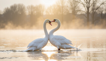 Two swans forming a heart shape with their necks on a misty lake at sunrise, symbolizing love, loyalty, and harmony in nature