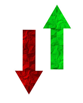 Arrow symbols pointing up and down, representing market trends and financial growth. Red for decline, green for increase, indicating profit and price changes. stock movements. Isolated on white