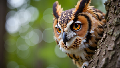 Obraz premium Close-up of an owl staring intently from behind a tree trunk in the forest