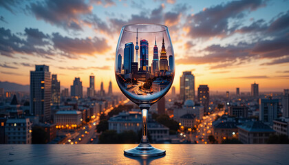 A stunning sunset casts warm hues over a bustling city skyline, while the reflection in a wine glass captures the skyline and vibrant activity below
