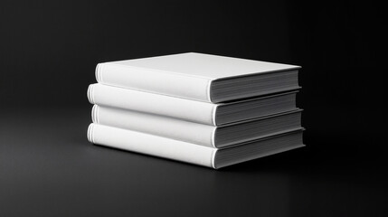 Stack of four white books in monochrome black and white style.
