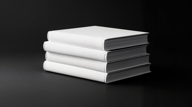 Stack of four white books in monochrome black and white style.
