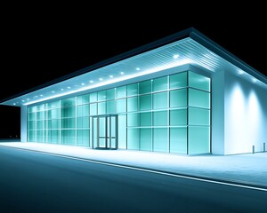 Building facade with glass doors at night