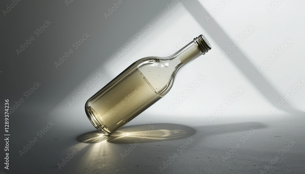 Aufkleber a glass bottle partially filled with a clear liquid is tilted on a light surface, casting soft shado