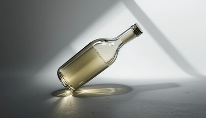 Fototapeta premium A glass bottle partially filled with a clear liquid is tilted on a light surface, casting soft shadows. The composition highlights the simplicity and elegance of the object in natural light
