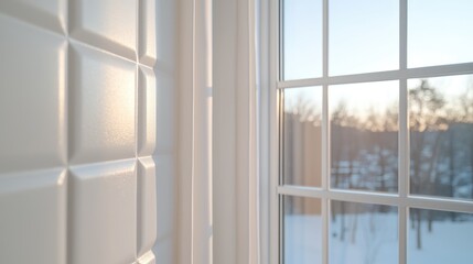 Fototapeta premium White window view, sunlight, winter landscape, interior design, home decor