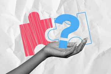 Composite artwork 3d image collage of hand hold question mark brainstorm ponder puzzle pair build...