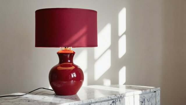 A stylish red lamp casting warm shadows in a modern living space.