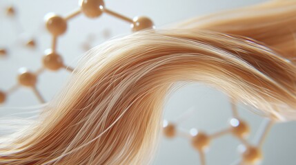 Blond hair lock flowing through abstract molecules structure on white background