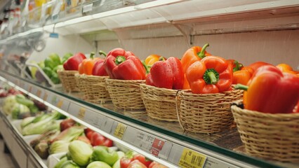 Fresh colorful peppers displayed in a grocery store.