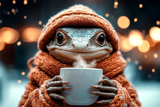 Witty animals. Zoo veterinary care. Happy cute baby animal screen lizard in winter warm clothes, holding hot coffee with rising steam in paws. Wild animal charity. Wild animal stories ads.