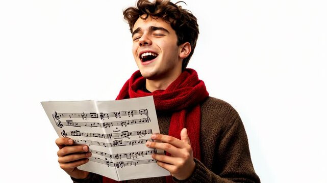 Joyful singer enthusiastically performs with sheet music during winter festivities