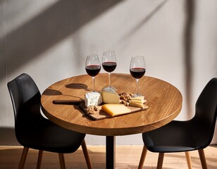 Mesa redonda de madera y tres sillas modernas y sobre la mesa tabla con salames quesos varios y frutos secos y dos copas de vino