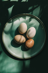 AI-Generated Still Life illustration of Organic Eggs on a Ceramic Plate with Natural Shadows