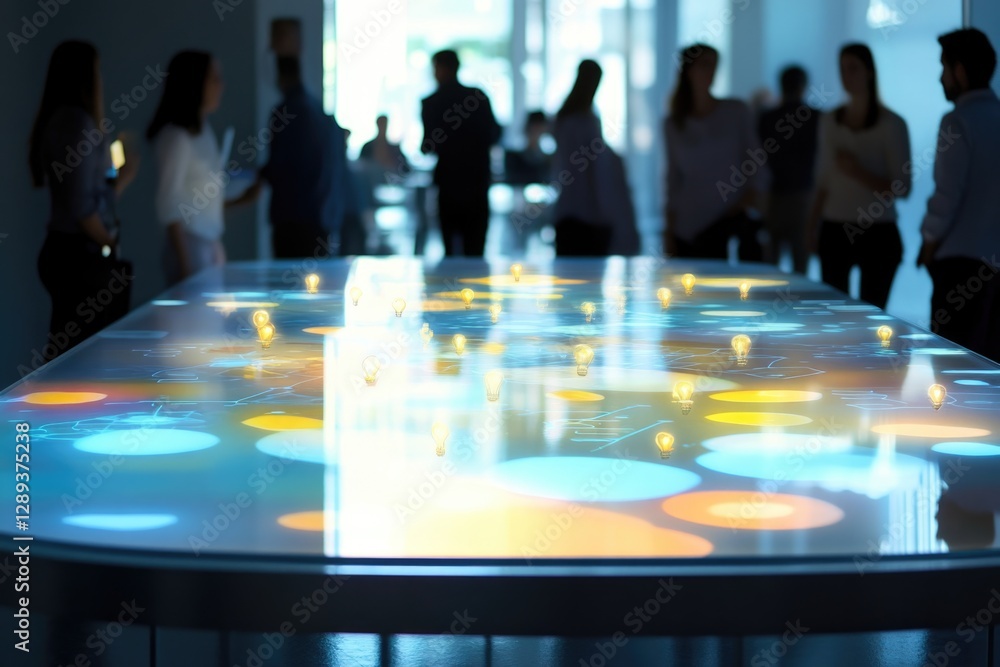 Poster interactive table displaying illuminated lightbulbs, symbolizing innovative ideas within a blurred b