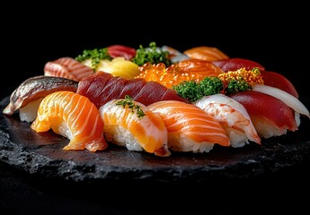 Fresh and Colorful Sushi Platter with Assorted Slices of Fish, Garnished with Green Herbs, Served on a Slate Plate Against a Black Background