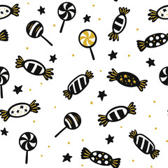 Seamless Hand-Drawn Halloween Candy Pattern With Lollipops, Wrapped Sweets, And Stars In A Fun Vector Illustration