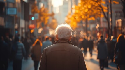 Fototapeta premium Elderly man walking through a crowded street, seen from behind, with a depth blur effect, a busy city background