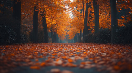 Fototapeta premium A tranquil path lined with vibrant orange and red autumn leaves, creating a picturesque fall scene in a serene forest.