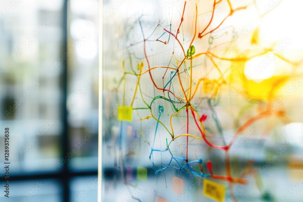 Aufkleber colorful lines on a glass surface create an abstract network, suggesting connection and flow.
