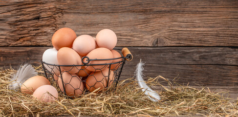 basket of fresh chicken eggs on wooden table. eco poultry farm, free range chicken farm. Long...