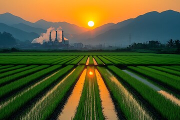 Obraz premium Sunrise over Rice Paddies and Factory