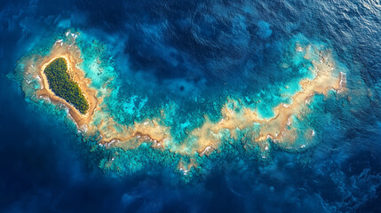 Aerial view of a tropical island surrounded by vibrant blue waters and coral reefs, showcasing natural beauty and marine life.