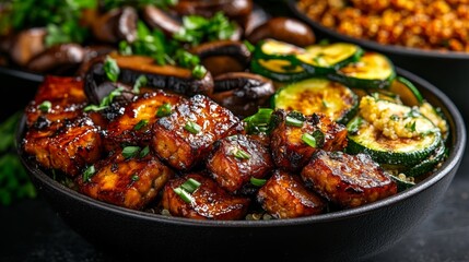 Sauteed Tempeh with Zucchini and Mushrooms in a Skillet. Generative AI